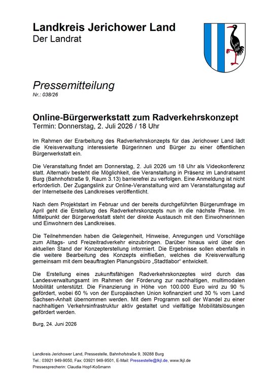 Titelbild: PM des Landkreises Jerichower Land - Online-Bürgerwerkstatt zum Radverkehrskonzept